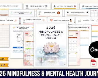 May include: A collection of printable mindfulness and mental health journal pages. The cover features a lotus flower illustration. The journal includes worksheets for manifestation, monthly check-ins, self-care, and more. The journal is 8.5x11 inches and has 90 pages.