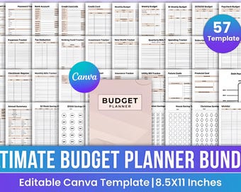 May include: A digital budget planner bundle with 57 templates. The planner includes trackers for income, expenses, savings, and more. The cover reads "Budget Planner". The text "Ultimate Budget Planner Bundle" is displayed at the bottom, along with "Editable Canva Template | 8.5X11 Inches".