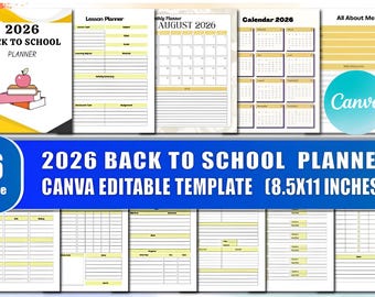 May include: A 2026 Back to School Planner template with 66 pages. The planner includes lesson planning, weekly calendar for August 2026, a 2026 calendar, and an "All About Me" section. The template is 8.5x11 inches.