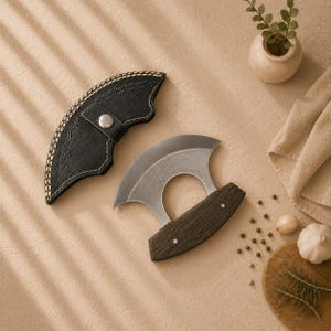 Könnte beinhalten: Ein halbmondförmiges Wiegemesser mit einem Griff aus dunklem Holz und zwei Metallnieten, begleitet von einer schwarzen Lederscheide mit Ziernähten und einem silbernen Druckknopfverschluss, konzipiert zum Zerkleinern von Kräutern und Gemüse.
