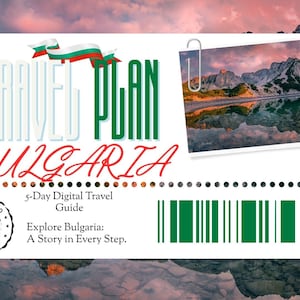 Puede incluir: Una guía de viaje digital para Bulgaria, con una foto de un paisaje montañoso. El diseño incluye el texto "TRAVEL PLAN BULGARIA" con una cinta de la bandera búlgara y un código de barras. La guía está etiquetada como "5-Day Digital Travel Guide".