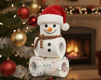 Toilet Paper Snowman Christmas Ornament, Funny Bathroom Decor, Cute Holiday Ornament, Toilet Ornament, Rustic Winter Ornament