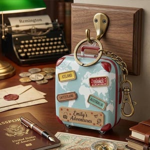 May include: A light blue suitcase-shaped keychain with red accents and a world map design. It has travel destination stickers for Iceland, France, Switzerland, and Australia. The keychain is attached to a hook on a wooden plaque.