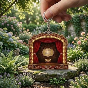 May include: A theater-themed keychain with a red curtain, stage, and gold accents. The keychain features the name "Olivia Brown" on a plaque, with two theater masks below. The design is held by a silver keyring.