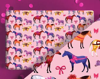 Rollo de papel para regalo con diseño de razas de caballos de colores - Rosa