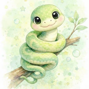 Peut inclure: Une illustration à l'aquarelle d'un petit serpent vert aux grands yeux noirs et aux joues roses enroulé autour d'une branche d'arbre brune. L'arrière-plan présente un lavis vert clair doux avec des étoiles et des bulles circulaires.