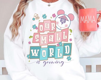 ディズニーファンタジーランド「アワー・スモールワールドが大きくなる」ベビーロンパース、WDWディズニーランドアトラクションTシャツ、ディズニー妊娠発表Tシャツ、新米ママシャツ