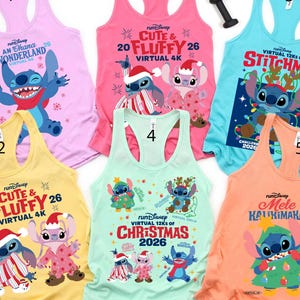 May include: Six racerback tank tops in light pink, hot pink, turquoise, yellow, mint green, and peach. Each features Disney Stitch character graphics with holiday themes and text including 'An Ohana Wonderland', 'Cute & Fluffy', and 'Mele Kalikimaka'.