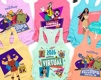 Camiseta de todos los eventos de la serie virtual runDisney 2026, camiseta sin mangas del desafío virtual RunDisney Challenge 5K, camiseta a juego para correr en Walt Disney World.