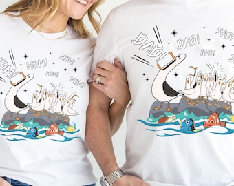 Disney Hitta Nemo Måsar Mamma Pappa Par T-shirt, Fortsätt bara simma, Disneyland Mors dag T-shirt, Fars dag Present, WDW Familjetröja