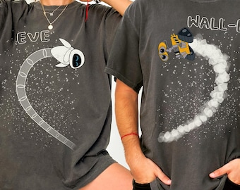 Disney Pixar Wall-E och Eva halvhjärtat par-T-shirt, Disney Wall-E alla hjärtans dag-tröja, Disney smekmånadsresa matchande t-shirt, Magic Kingdom