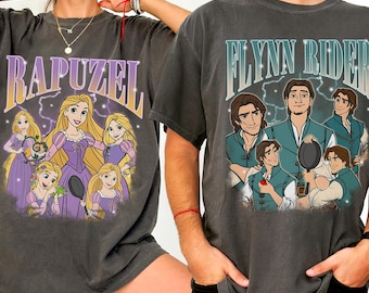ディズニー『塔の上のラプンツェル』ラプンツェルとフリン・ライダーの海賊版ポートレートカップルTシャツ、ディズニープリンセスラプンツェルシャツ、マジックキングダム旅行マッチングTシャツ