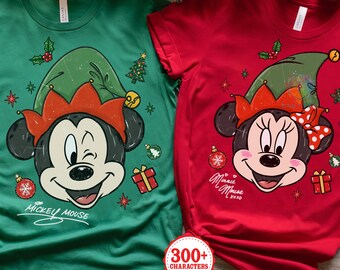 Retro Disney Mickey and Minnie Elf Christmas Couple T-Shirt, Mickey's Very Merry Christmas Party 2026, Disneyland Xmas holiday vacation Tee