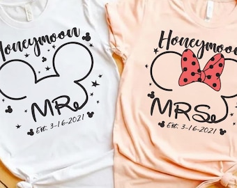 Anpassad Disney smekmånad Mickey och Minnie MR och FRU T-shirt, Disneyland Mickey Minnie äktenskapströja, anpassad bröllopsdatum, brudtärna-tröja