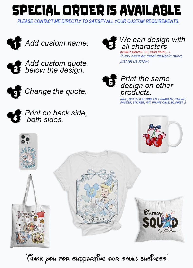 K&ouml;nnte beinhalten: Bild mit Optionen f&uuml;r individuelle Designs f&uuml;r verschiedene Produkte. Enth&auml;lt eine Handyh&uuml;lle, eine Tragetasche, ein T-Shirt, eine Tasse und ein Kissen, alle mit einzigartigen Designs. Text hebt Anpassungsoptionen wie das Hinzuf&uuml;gen von Namen, Zitaten und den Druck auf mehreren Seiten hervor.