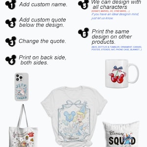 May include: Image displaying custom design options for various products. Includes a phone case, tote bag, t-shirt, mug, and pillow, all with unique designs. Text highlights customisation options like adding names, quotes, and printing on multiple sides. The image also states that they can design with all characters.