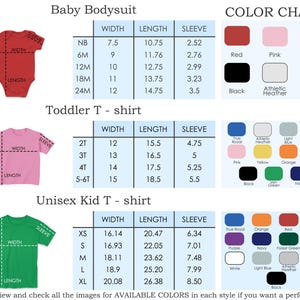 May include: Image showing size charts for baby bodysuits, toddler t-shirts, and unisex kid t-shirts. Includes width, length, and sleeve measurements in inches, along with a color chart featuring various hues like red, black, and pink.