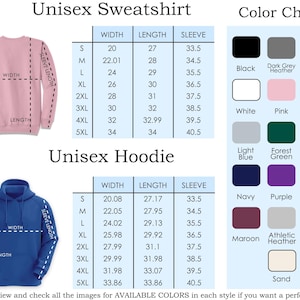 K&ouml;nnte beinhalten: Produktbild mit einem rosa Unisex-Sweatshirt und einem blauen Unisex-Hoodie. Gr&ouml;&szlig;entabellen zeigen Breiten-, L&auml;ngen- und &Auml;rmelma&szlig;e in cm. Eine Farbkarte zeigt verf&uuml;gbare Farben. Text: 'Unisex Sweatshirt' und 'Unisex Hoodie'.