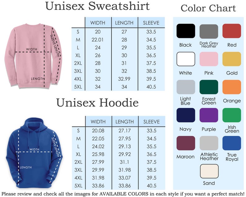 K&ouml;nnte beinhalten: Produktbild mit einem rosa Unisex-Sweatshirt und einem blauen Unisex-Hoodie. Gr&ouml;&szlig;entabellen zeigen Breiten-, L&auml;ngen- und &Auml;rmelma&szlig;e in cm. Eine Farbkarte zeigt verf&uuml;gbare Farben. Text: 'Unisex Sweatshirt' und 'Unisex Hoodie'.