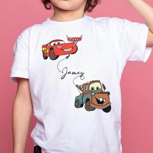 Custom Name Cars Tow Mater and Lightning McQueen Funny T-Shirt, Disneyland California Adventure Cars Land Shirt, Cars McQueen Birthday Tee image 2