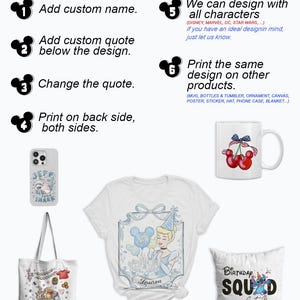 May include: Image showcasing customizable products with Disney-themed designs. Includes a phone case, tote bag, t-shirt, mug, and pillow. Text highlights options like adding names, quotes, and printing on various items. The image also states that special orders are available.