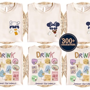 May include: Six light beige t-shirts featuring graphic prints. The top row shows cartoon characters with drinks. The bottom row displays the text DRINK AROUND THE WORLD above colorful travel-themed stamps and various beverage illustrations.