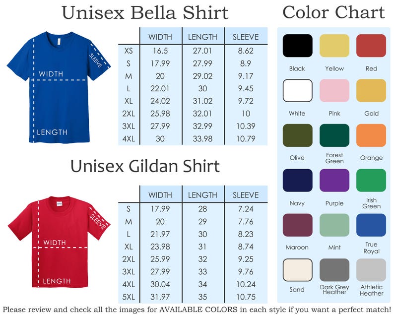 K&ouml;nnte beinhalten: Produktbild mit einer Farbkarte und Gr&ouml;&szlig;entabellen f&uuml;r Unisex Bella und Gildan Shirts. Die Farbkarte zeigt verschiedene Farben, darunter Schwarz, Wei&szlig; und Marine. Gr&ouml;&szlig;entabellen zeigen Breite, L&auml;nge und &Auml;rmelma&szlig;e in cm.