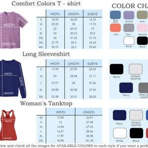 K&ouml;nnte beinhalten: Das Bild zeigt eine Farbtabelle und Gr&ouml;&szlig;entabellen f&uuml;r Comfort Colors T-Shirts, Langarmshirts und Damen-Tanktops. Die Tabelle zeigt Ma&szlig;e in cm f&uuml;r Breite, L&auml;nge und &Auml;rmell&auml;nge sowie eine Farbpalette mit Blau, Schwarz und Wei&szlig;.