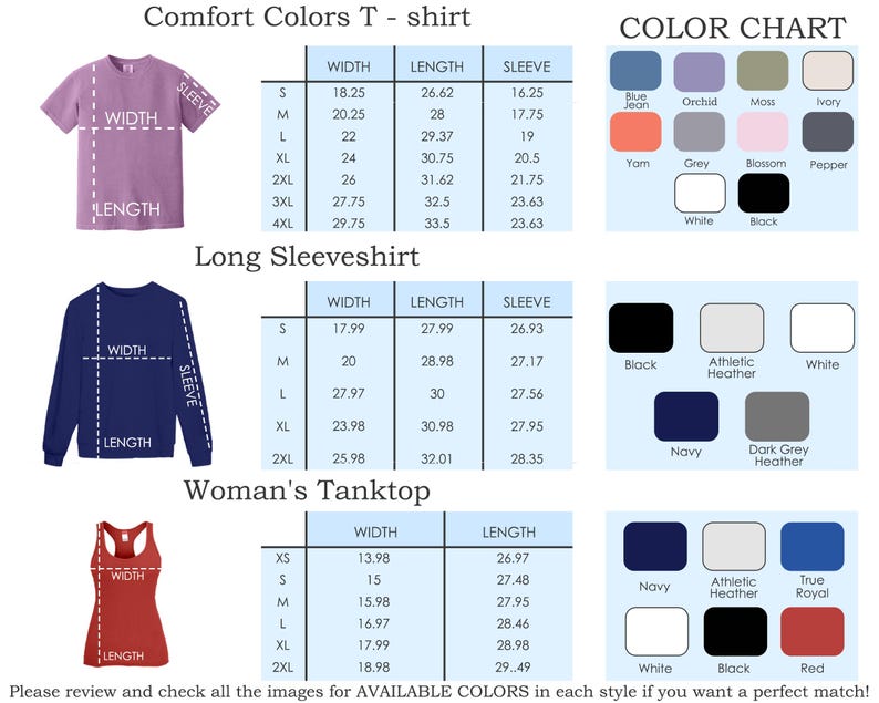 K&ouml;nnte beinhalten: Das Bild zeigt eine Farbtabelle und Gr&ouml;&szlig;entabellen f&uuml;r Comfort Colors T-Shirts, Langarmshirts und Damen-Tanktops. Die Tabelle zeigt Ma&szlig;e in cm f&uuml;r Breite, L&auml;nge und &Auml;rmell&auml;nge sowie eine Farbpalette mit Blau, Schwarz und Wei&szlig;.