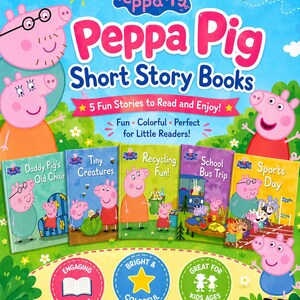 Puede incluir: Una colorida portada de libro de Peppa Pig con el título "Short Story Books" e ilustraciones de los personajes de Peppa Pig. La portada destaca cinco historias con el texto "Fun, Colorful, Perfect for Little Readers!" y "Learn, Laugh & Explore with Peppa!"