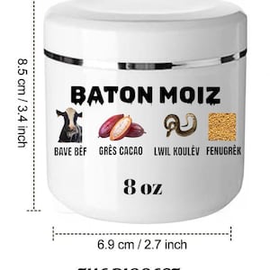 May include: A white jar of cocoa butter, labeled "BATON MOIZ," with images of a cow, cocoa beans, and other ingredients. The jar is 3.4 inches tall and 2.7 inches wide, containing 8 oz of product. The text "THE BIGGEST COCOA BUTTER" is also visible.