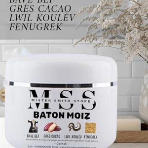 May include: White jar with a silver band, featuring the text "MISTER SMITH STORE" and "BATON MOIZ". The jar includes illustrations of a cow, cocoa beans, a snake, and fenugreek seeds. The text "BAVE BÈF GRÈS CACAO LWIL KOULÈV FENUGREK" is also visible.