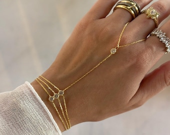 Dainty Diamond Hand Chain in 925 Silver • Minimalist Adjustable Bracelet • Elegant Everyday Jewelry