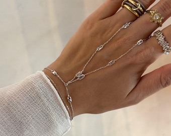 Baguette Stone Hand Chain in 925 Silver • Minimalist Adjustable Bracelet • Elegant Everyday Jewelry