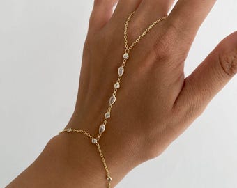 Teardrop & Round CZ Hand Chain • 925 Silver Sahmaran Bracelet • Adjustable Dainty Hand Jewelry