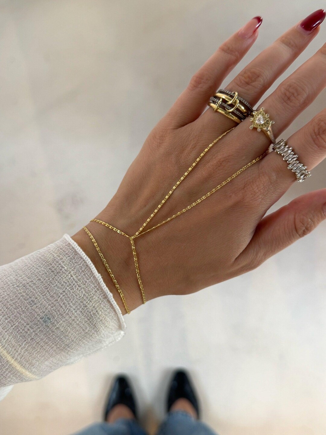 Gold Hand Chain, Bridal Hand Chain Bracelet, Silver Sahmaran, Finger ...