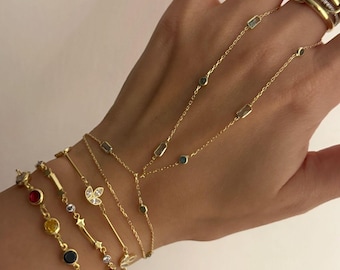 Blue Topaz Baguette Stone Hand Chain in 925 Silver • Minimalist Adjustable Bracelet • Dainty Everyday Jewelry
