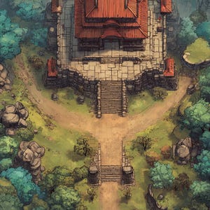 May include: Overhead view of a detailed fantasy map featuring a temple with a red tile roof, stone walls, and a central staircase. The temple is surrounded by lush green trees, dirt paths, and rocky terrain. The text "PATREON GILDED MAPS" is in the lower left corner.