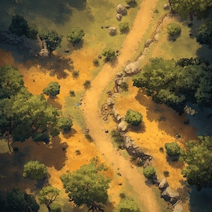 Puede incluir: Vista aérea de un mapa de fantasía detallado con un camino de tierra sinuoso a través de un bosque. El camino está bordeado por un muro de piedra y rodeado de árboles, arbustos y zonas de hierba amarilla. El mapa está etiquetado como "Patreon Gilded Maps."