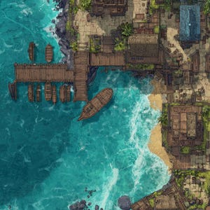 May include: Overhead view of a coastal town map with a pier, boats, and buildings. The water is a vibrant turquoise, contrasting with the brown wooden structures and docks. The map includes the text "PATREON GILDED MAPS".