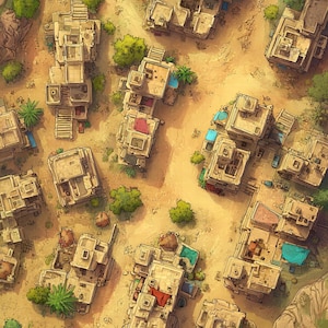 Op de afbeelding: Luchtfoto van een woestijndorpkaart met bruingele gebouwen, groene bomen en zanderige paden. De gebouwen hebben platte daken en staan dicht bij elkaar. De kaart is linksonder gemarkeerd met "PATREON GILDED MAPS".