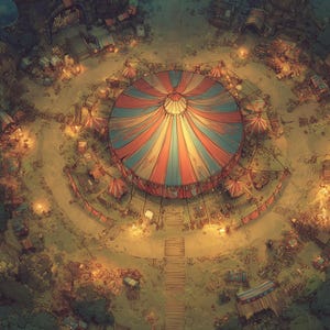 May include: A top-down digital illustration of a circus grounds featuring a large red and blue striped tent at the center, surrounded by smaller stalls, wooden paths, and stone towers. The text "Patreon Gilded Maps" appears in the bottom corner.