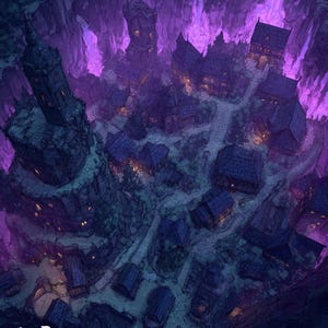 Może przedstawiać: Szczegółowa ilustracja fantastycznego miasta w kanionie, oświetlonego fioletowym światłem. Obraz przedstawia budynki, ścieżki i wysoką wieżę. Tekst "PATREON GILDED MAPS" jest widoczny na dole.