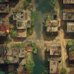 Pode incluir: Vista aérea de um mapa de fantasia detalhado que retrata uma vila com edifícios, um rio e vegetação. Os edifícios têm texturas desgastadas e estão dispostos ao longo de caminhos de terra. O texto "PATREON GILDED MAPS" está incluído.