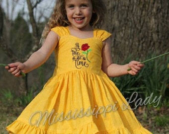 Beauty and the Beast Belle inspired yellow girl party dress or outfit for Vacation or Birthday Party