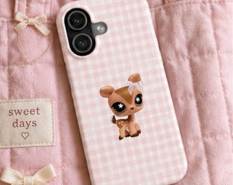 Coque pour portable Littlest Pet Shop | Cerf mignon LPS Kawaii Coque iPhone | Coque pour coquettes vichy rose | Housse de téléphone esthétique bibelots