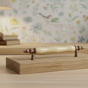 Peut inclure: Une poignée de tiroir en bois avec une poignée en céramique crème et des accents métalliques couleur bronze. La poignée est montée sur une base en bois rectangulaire. Le fond comprend une lampe, des livres et du papier peint floral.