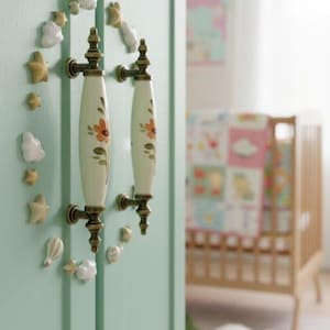 Può includere: Un armadio verde chiaro con due maniglie color crema con disegni floreali e ferramenta in bronzo. Magneti decorativi a forma di stella, nuvola e mongolfiera circondano le maniglie. L'armadio si trova in un ambiente di asilo nido.