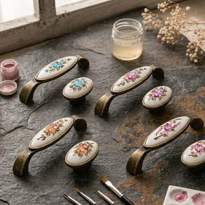 手作りの花柄磁器製キャビネット取っ手＆ノブ、アンティークゴールド仕上げ