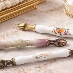 Handmade Porcelain Cabinet Pull, Antique Gold Floral Knob, Vintage Drawer Handle, Cottagecore Kitchen Decor